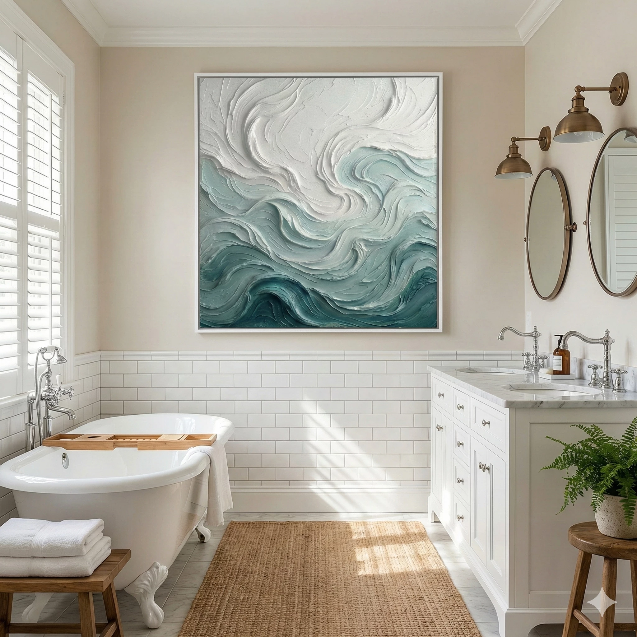 3D Textured Ocean Wave Painting - Minimalist Blue & White Art